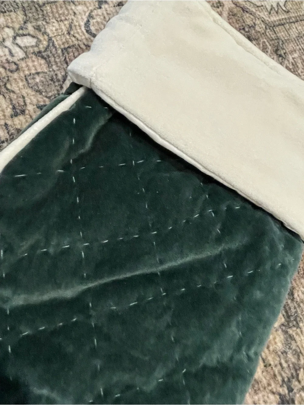 Crate&Barrel green velvet quilted Christmas stocking